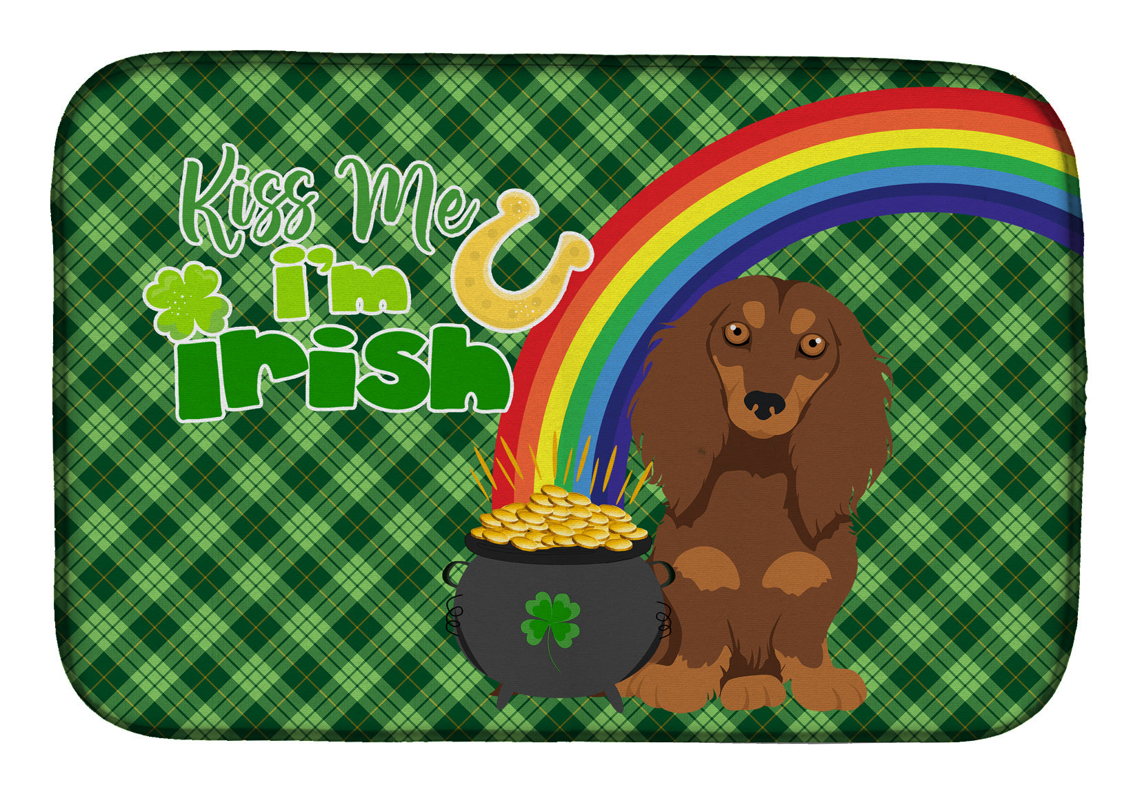 NEW Longhair Chocolate and Tan Dachshund St. Patrick's Day Dish Drying Mat Absorbent Dish Drying Mat Pad for Kitchen Counter Dish Drainer Mat for Countertop, 14 x 21", Multicolor