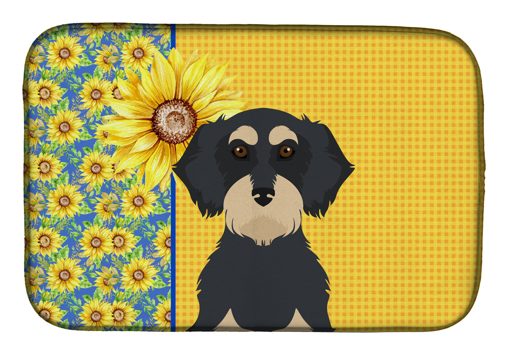 Summer Sunflowers Wirehair Black and Cream Dachshund Dish Drying Mat Absorbent Dish Drying Mat Pad for Kitchen Counter Dish Drainer Mat for Countertop, 14 x 21", Multicolor