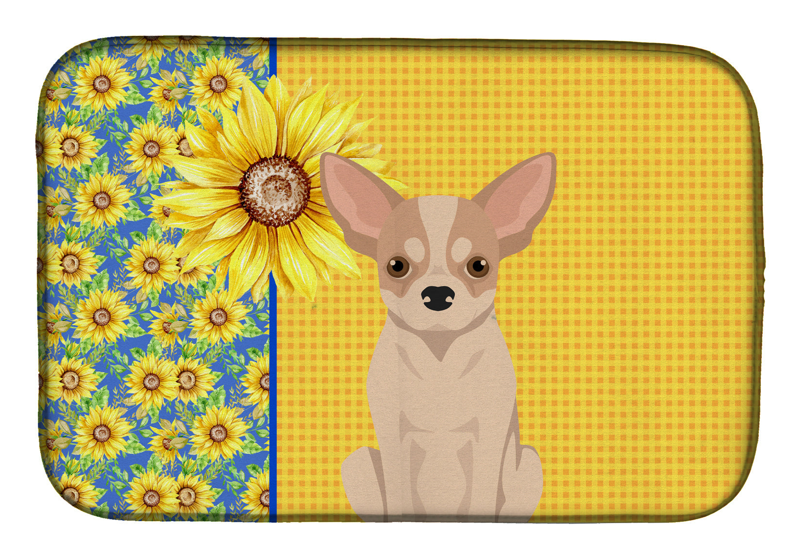 Summer Sunflowers Fawn and White Chihuahua Dish Drying Mat Absorbent Dish Drying Mat Pad for Kitchen Counter Dish Drainer Mat for Countertop, 14 x 21", Multicolor