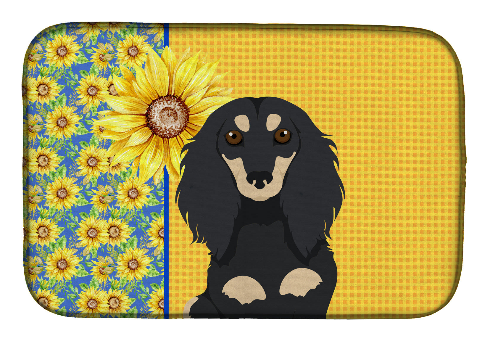 Summer Sunflowers Longhair Black and Cream Dachshund Dish Drying Mat Absorbent Dish Drying Mat Pad for Kitchen Counter Dish Drainer Mat for Countertop, 14 x 21", Multicolor