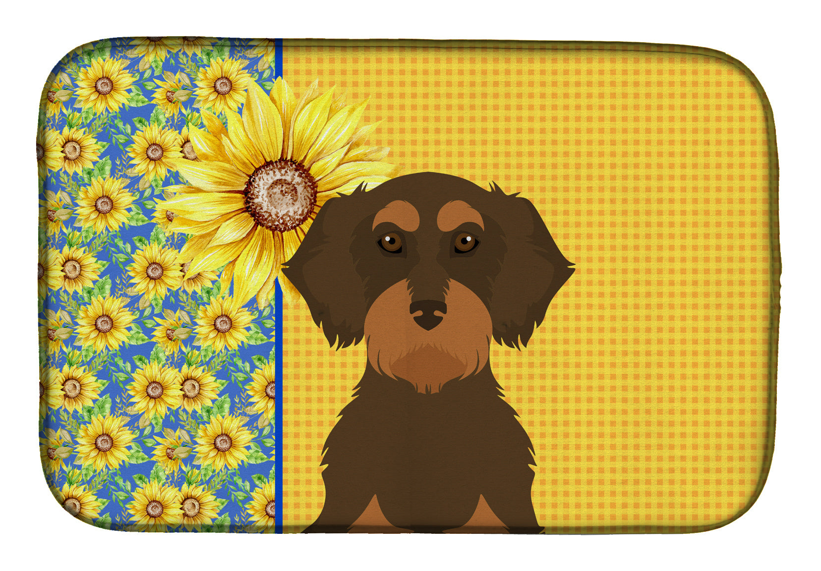 Summer Sunflowers Wirehair Chocolate and Tan Dachshund Dish Drying Mat Absorbent Dish Drying Mat Pad for Kitchen Counter Dish Drainer Mat for Countertop, 14 x 21", Multicolor