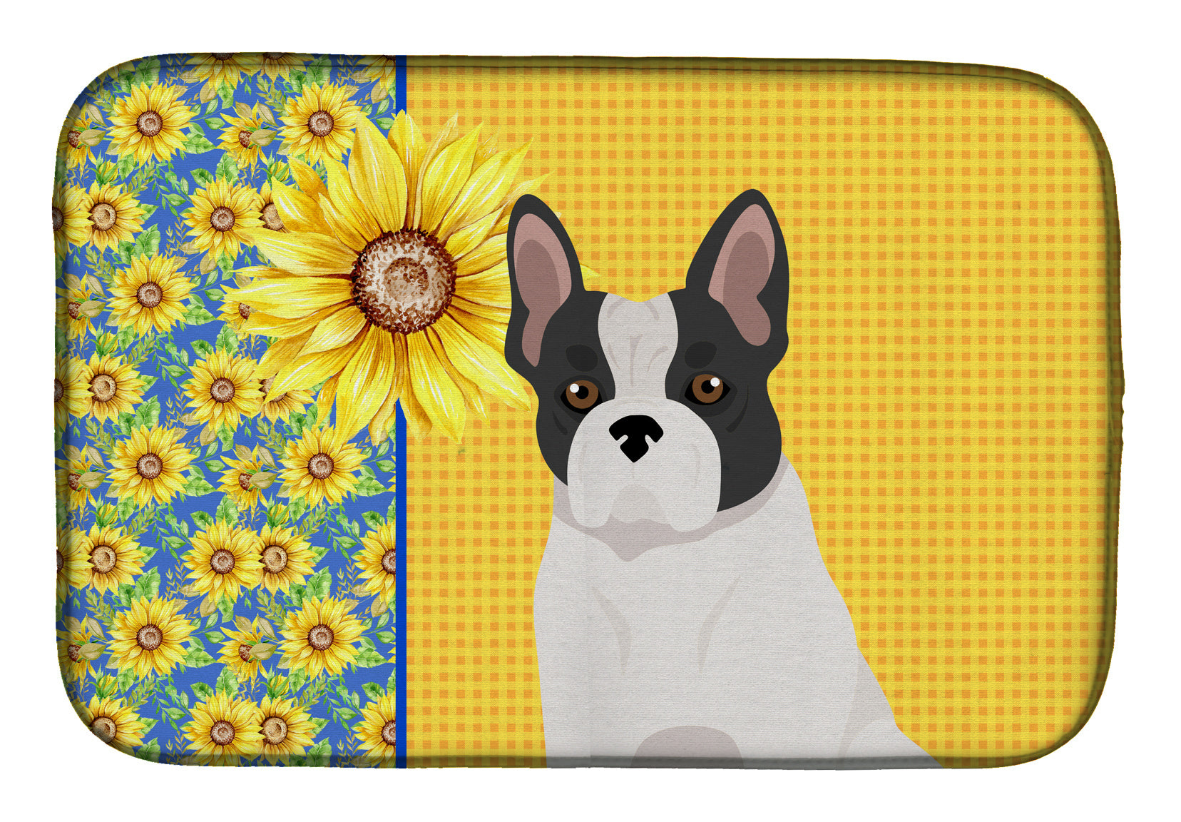 Summer Sunflowers Black and White French Bulldog Dish Drying Mat Absorbent Dish Drying Mat Pad for Kitchen Counter Dish Drainer Mat for Countertop, 14 x 21", Multicolor