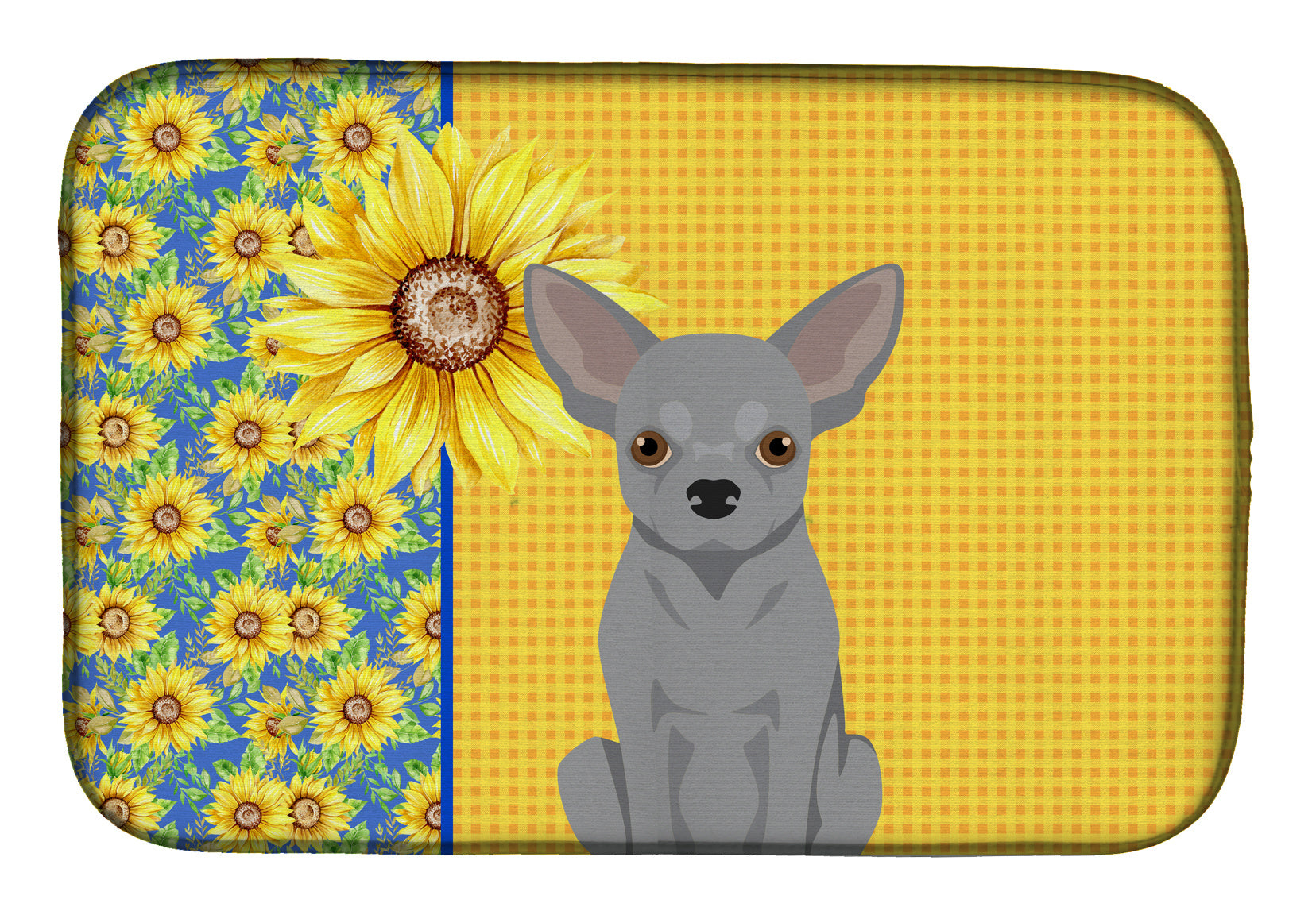 Summer Sunflowers Silver Chihuahua Dish Drying Mat Absorbent Dish Drying Mat Pad for Kitchen Counter Dish Drainer Mat for Countertop, 14 x 21", Multicolor