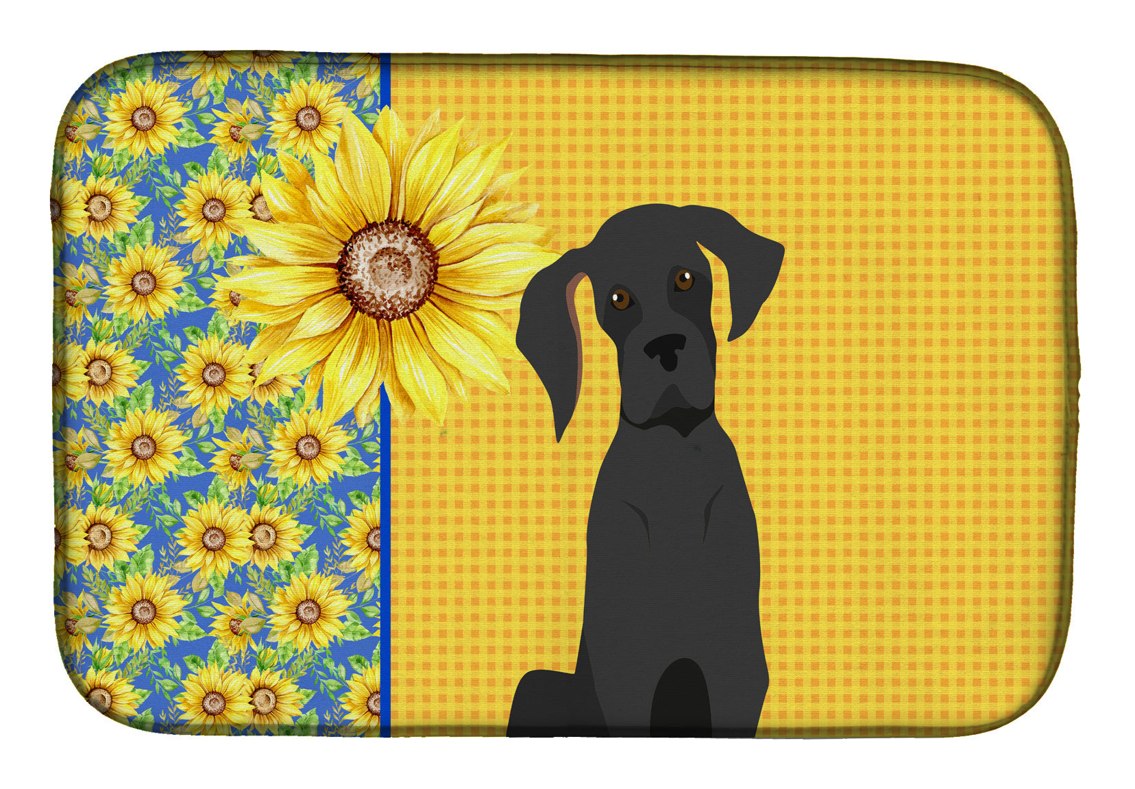 Summer Sunflowers Black Great Dane Dish Drying Mat Absorbent Dish Drying Mat Pad for Kitchen Counter Dish Drainer Mat for Countertop, 14 x 21", Multicolor