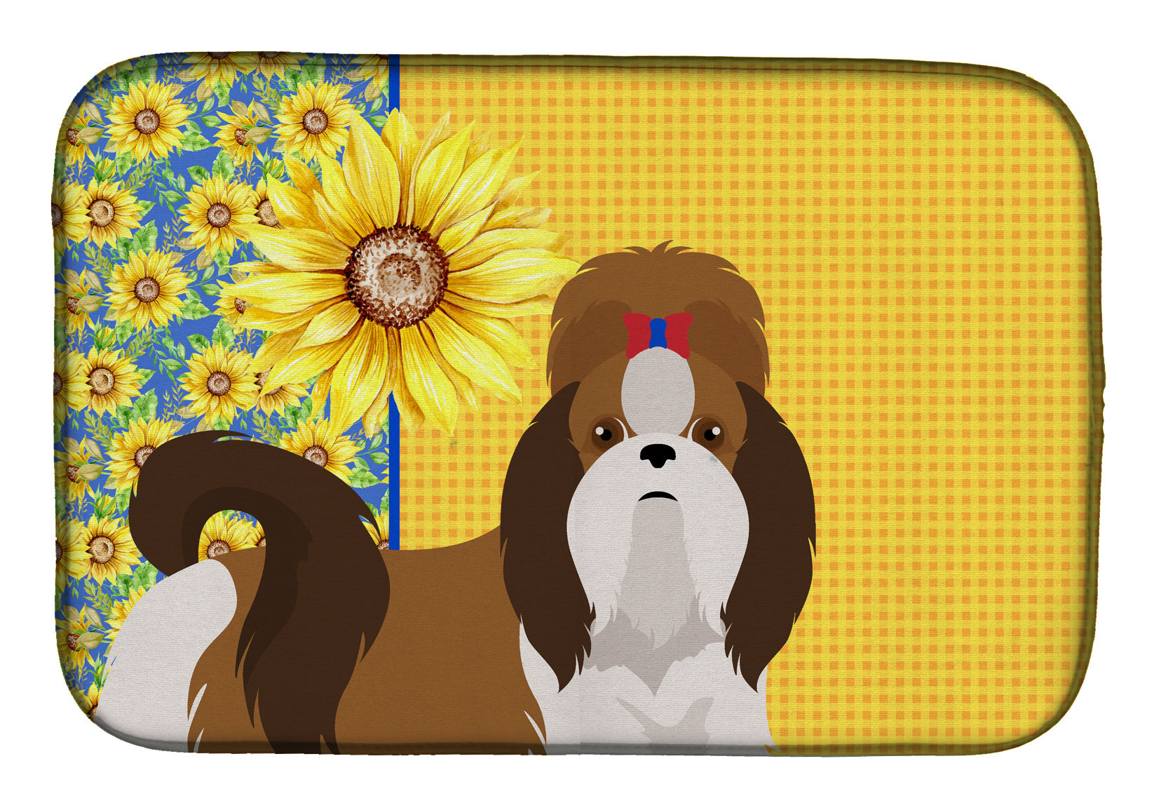 Summer Sunflowers Red and White Shih Tzu Dish Drying Mat Absorbent Dish Drying Mat Pad for Kitchen Counter Dish Drainer Mat for Countertop, 14 x 21", Multicolor