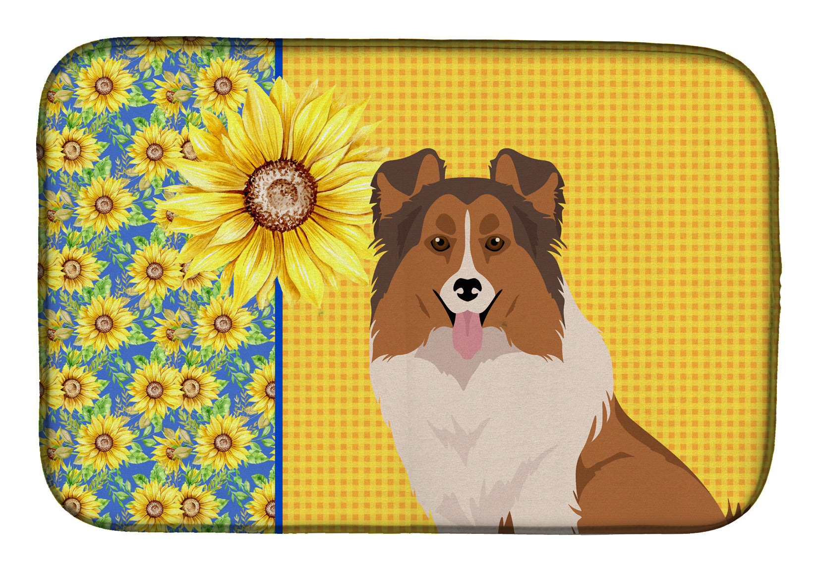 Summer Sunflowers Sable Sheltie Dish Drying Mat Absorbent Dish Drying Mat Pad for Kitchen Counter Dish Drainer Mat for Countertop, 14 x 21", Multicolor