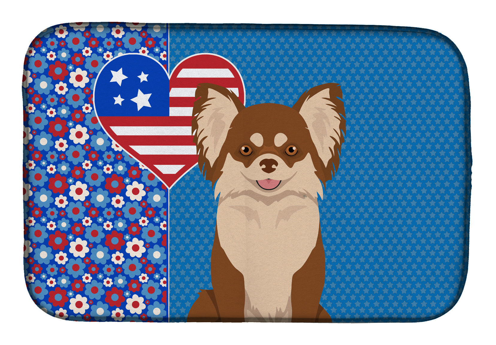 Longhaired Chocolate and White Chihuahua USA American Dish Drying Mat Absorbent Dish Drying Mat Pad for Kitchen Counter Dish Drainer Mat for Countertop, 14 x 21", Multicolor