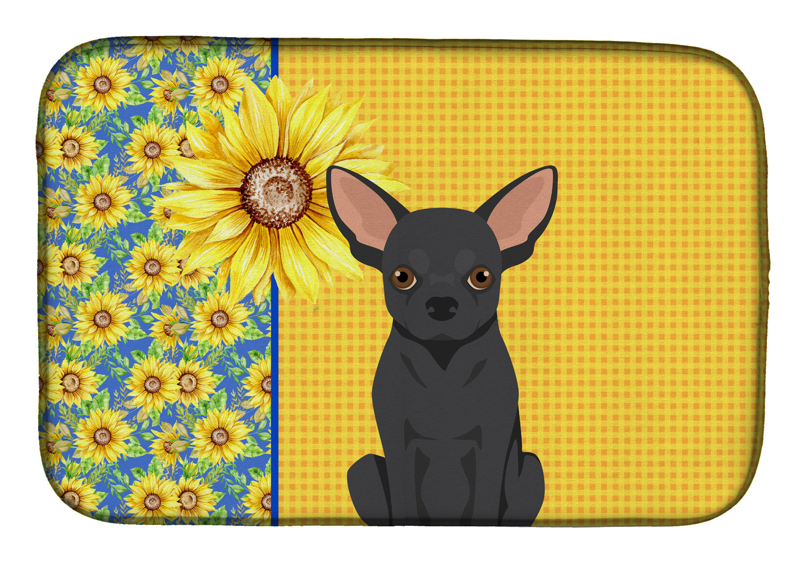 Summer Sunflowers Black Chihuahua Dish Drying Mat Absorbent Dish Drying Mat Pad for Kitchen Counter Dish Drainer Mat for Countertop, 14 x 21", Multicolor