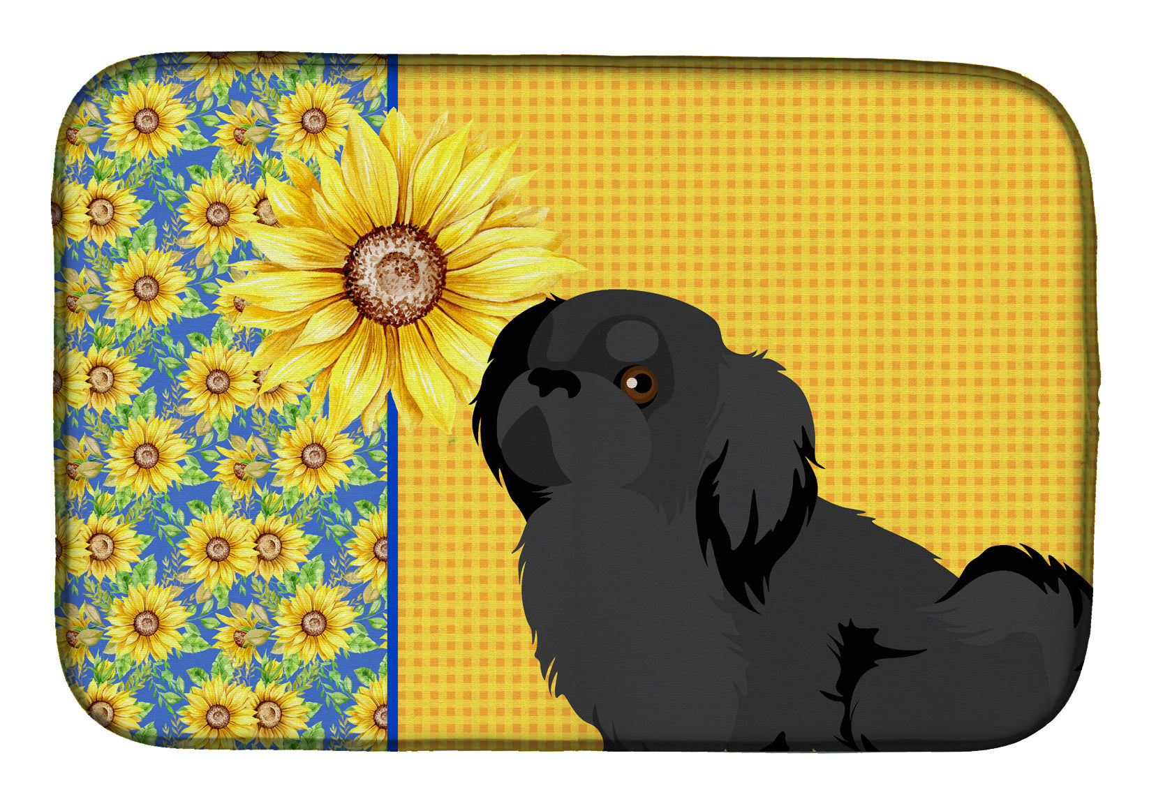 Summer Sunflowers Black Pekingese Dish Drying Mat Absorbent Dish Drying Mat Pad for Kitchen Counter Dish Drainer Mat for Countertop, 14 x 21", Multicolor