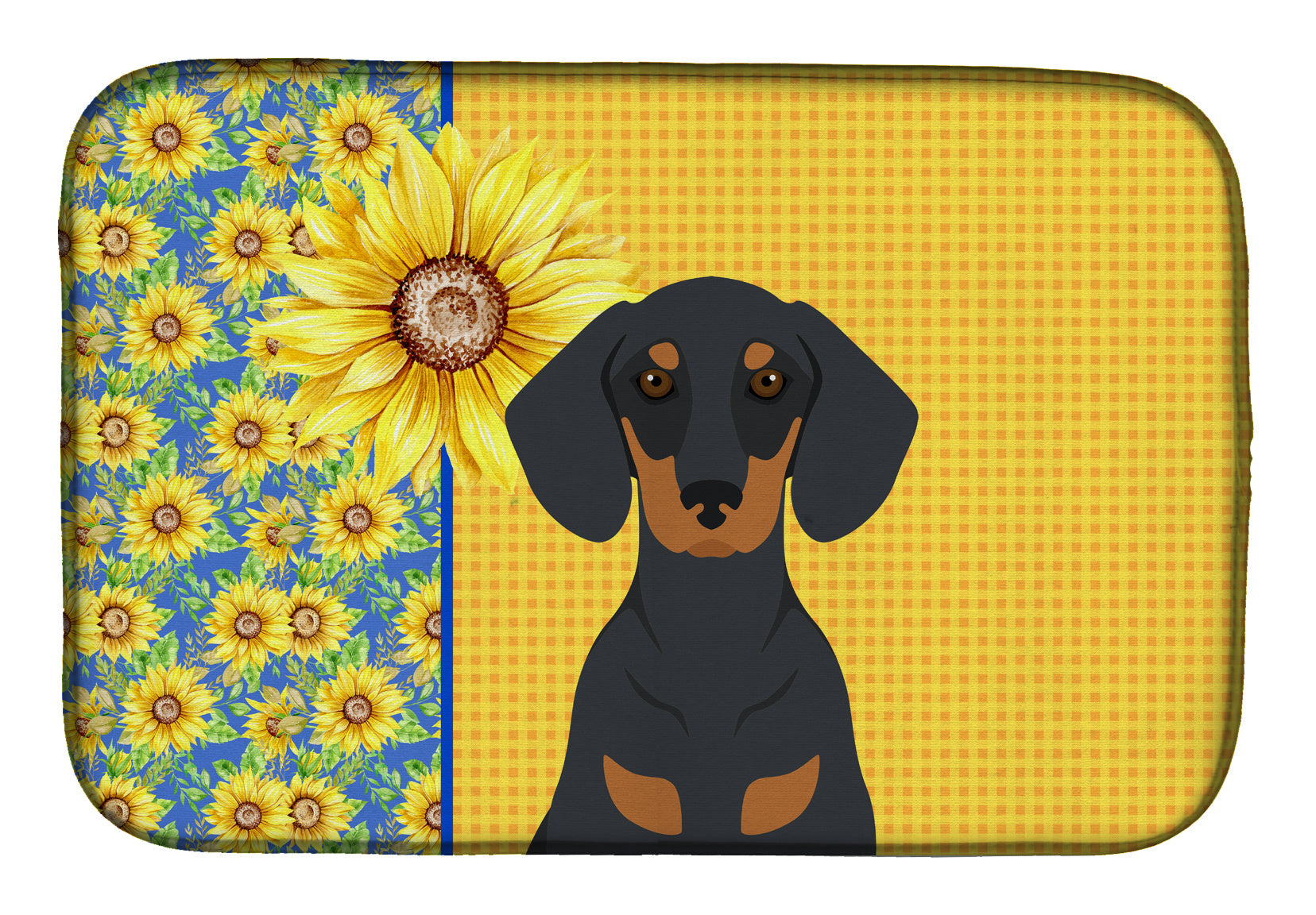 Summer Sunflowers Black and Tan Dachshund Dish Drying Mat Absorbent Dish Drying Mat Pad for Kitchen Counter Dish Drainer Mat for Countertop, 14 x 21", Multicolor