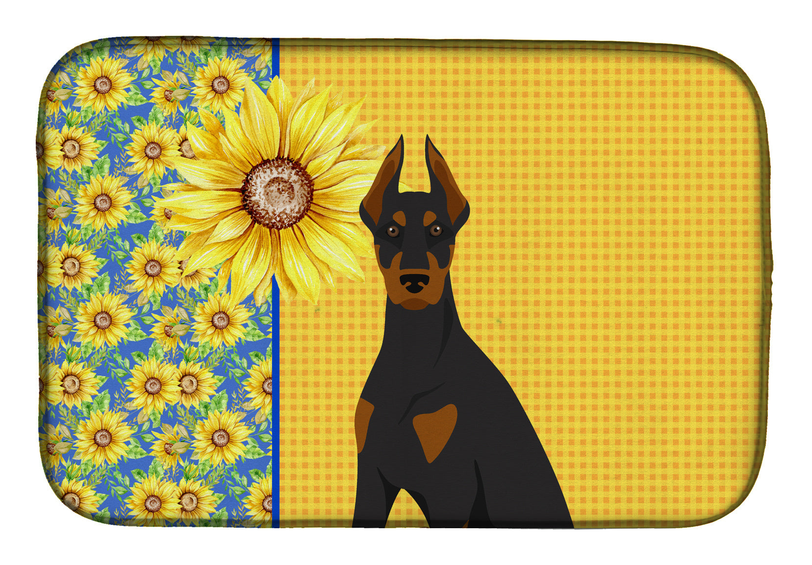 Summer Sunflowers Black and Tan Doberman Pinscher Dish Drying Mat Absorbent Dish Drying Mat Pad for Kitchen Counter Dish Drainer Mat for Countertop, 14 x 21", Multicolor