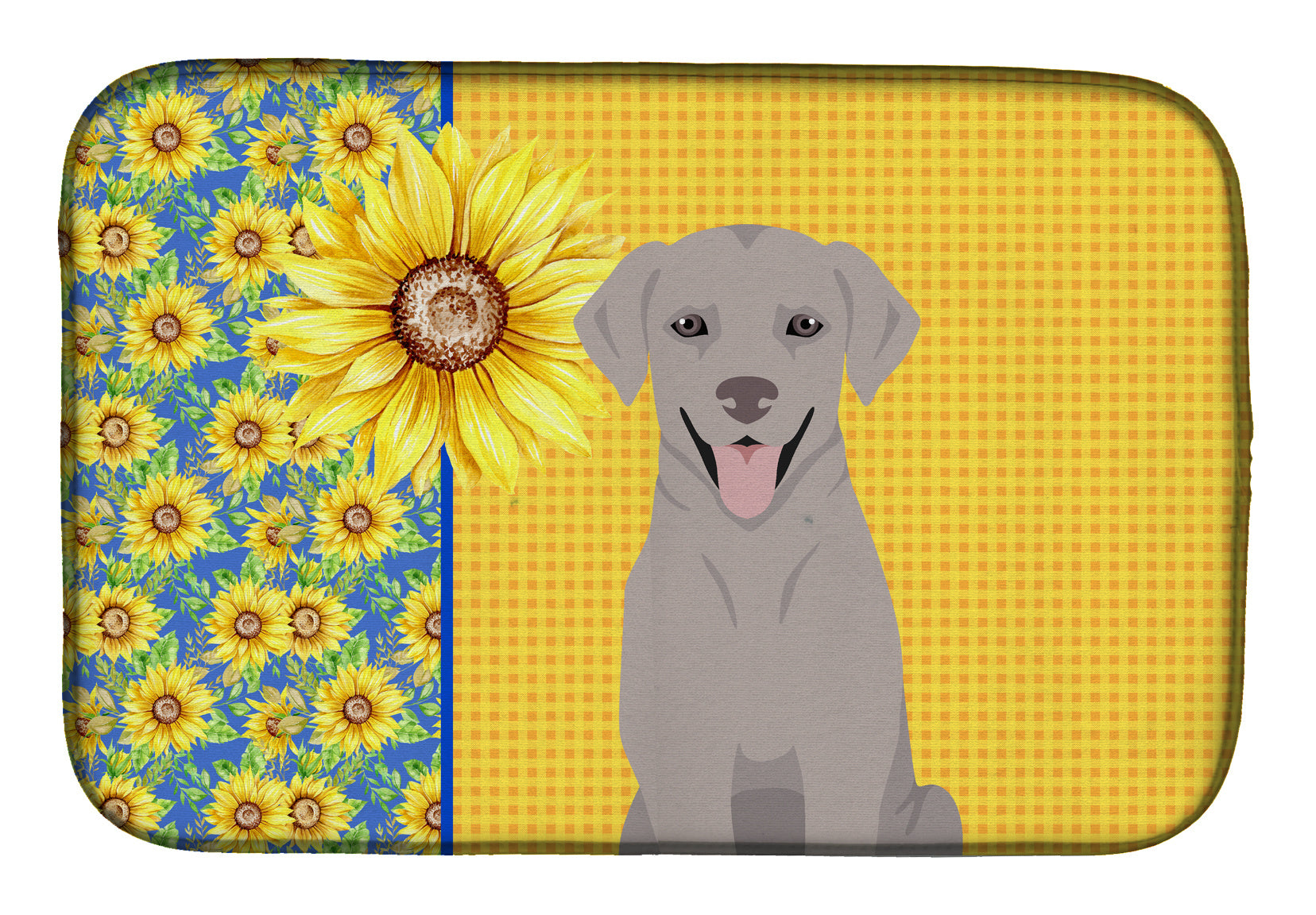 Summer Sunflowers Gray Labrador Retriever Dish Drying Mat Absorbent Dish Drying Mat Pad for Kitchen Counter Dish Drainer Mat for Countertop, 14 x 21", Multicolor