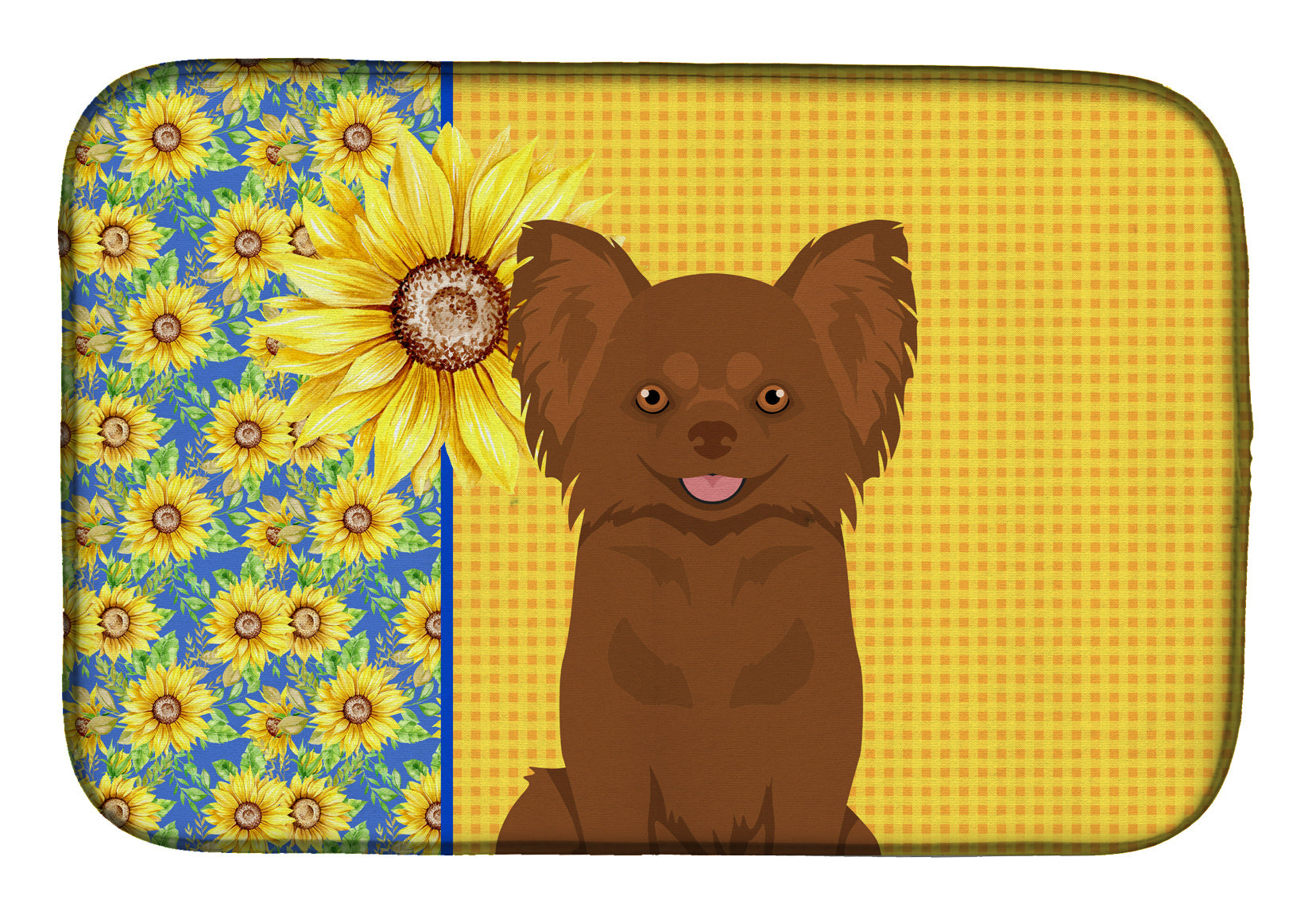 Summer Sunflowers Longhaired Chocolate Chihuahua Dish Drying Mat Absorbent Dish Drying Mat Pad for Kitchen Counter Dish Drainer Mat for Countertop, 14 x 21", Multicolor