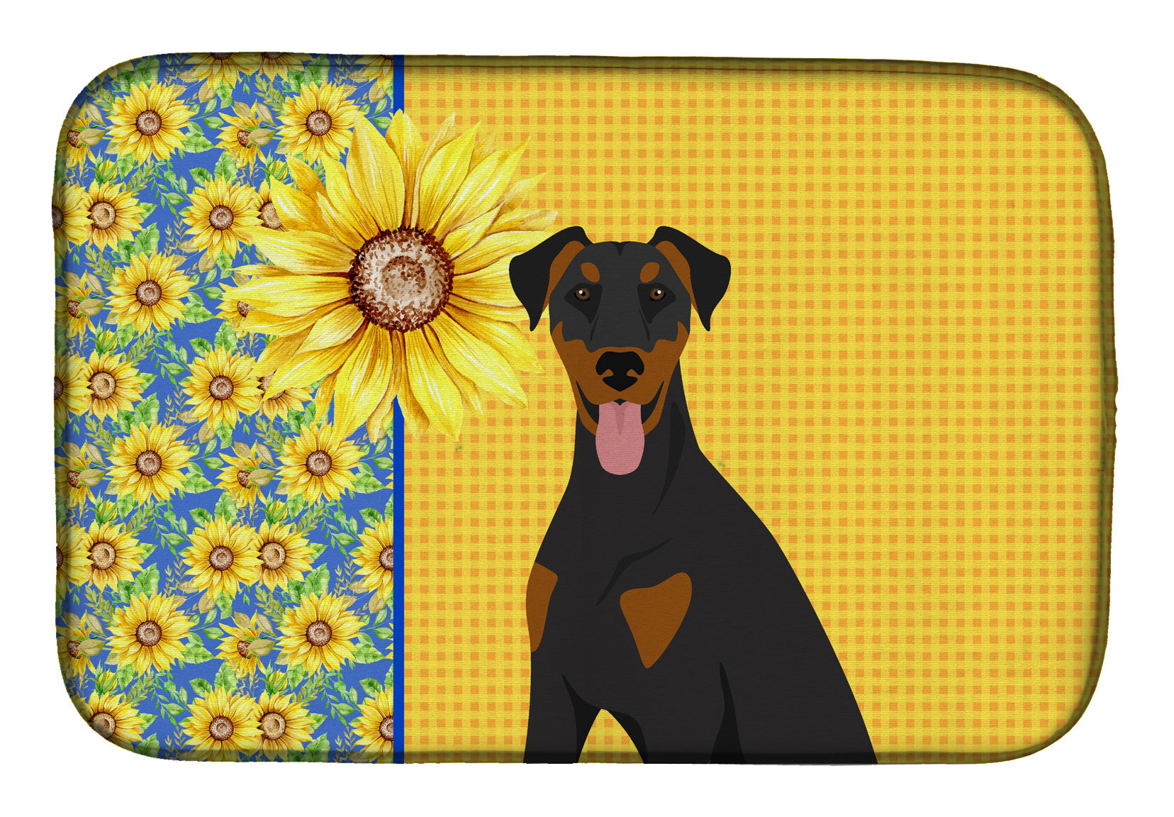 Summer Sunflowers Natural Ear Black and Tan Doberman Pinscher Dish Drying Mat Absorbent Dish Drying Mat Pad for Kitchen Counter Dish Drainer Mat for Countertop, 14 x 21", Multicolor