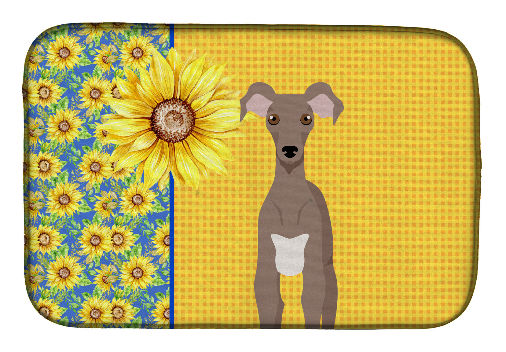 Summer Sunflowers Fawn Italian Greyhound Dish Drying Mat Absorbent Dish Drying Mat Pad for Kitchen Counter Dish Drainer Mat for Countertop, 14 x 21", Multicolor