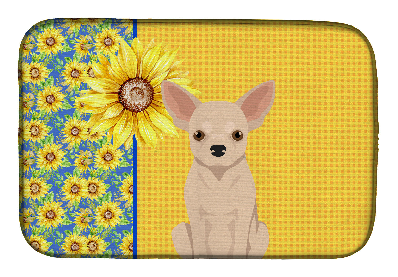 Summer Sunflowers Fawn Chihuahua Dish Drying Mat Absorbent Dish Drying Mat Pad for Kitchen Counter Dish Drainer Mat for Countertop, 14 x 21", Multicolor