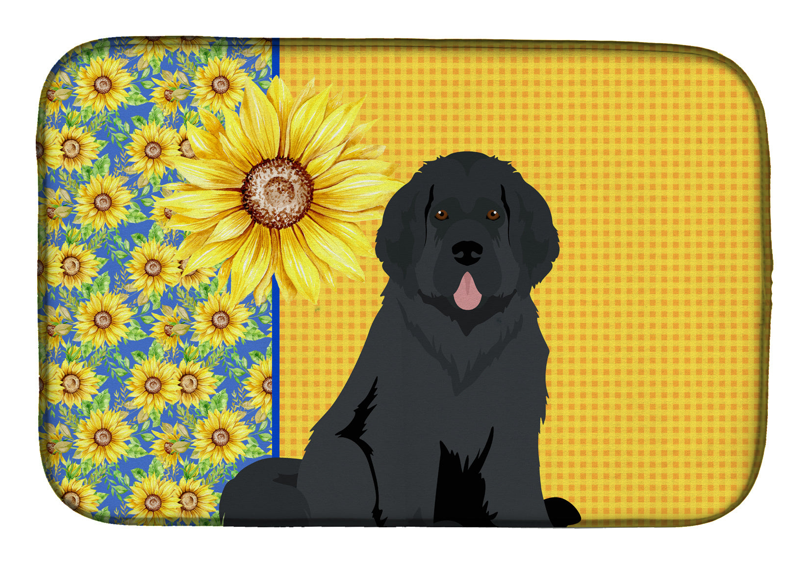 Summer Sunflowers Black Newfoundland Dish Drying Mat Absorbent Dish Drying Mat Pad for Kitchen Counter Dish Drainer Mat for Countertop, 14 x 21", Multicolor