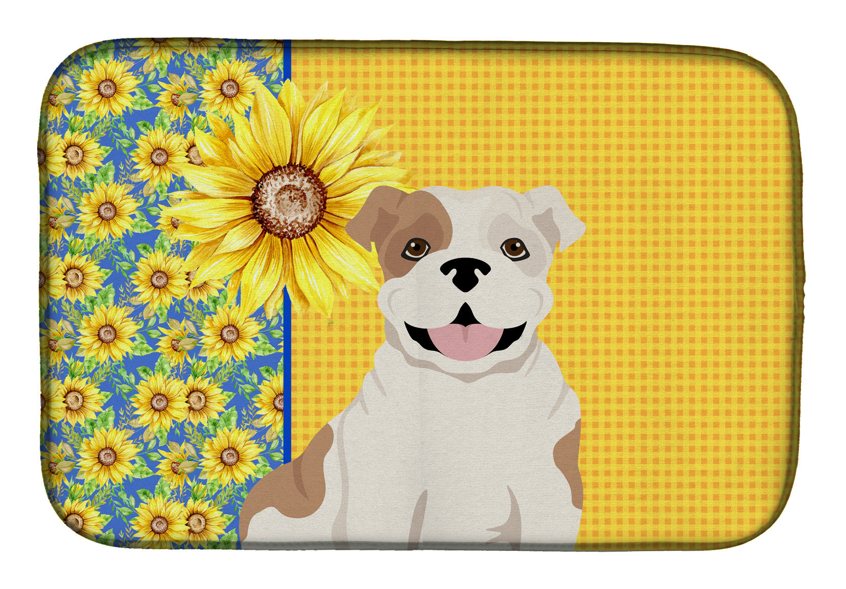 Summer Sunflowers Piebald English Bulldog Dish Drying Mat Absorbent Dish Drying Mat Pad for Kitchen Counter Dish Drainer Mat for Countertop, 14 x 21", Multicolor