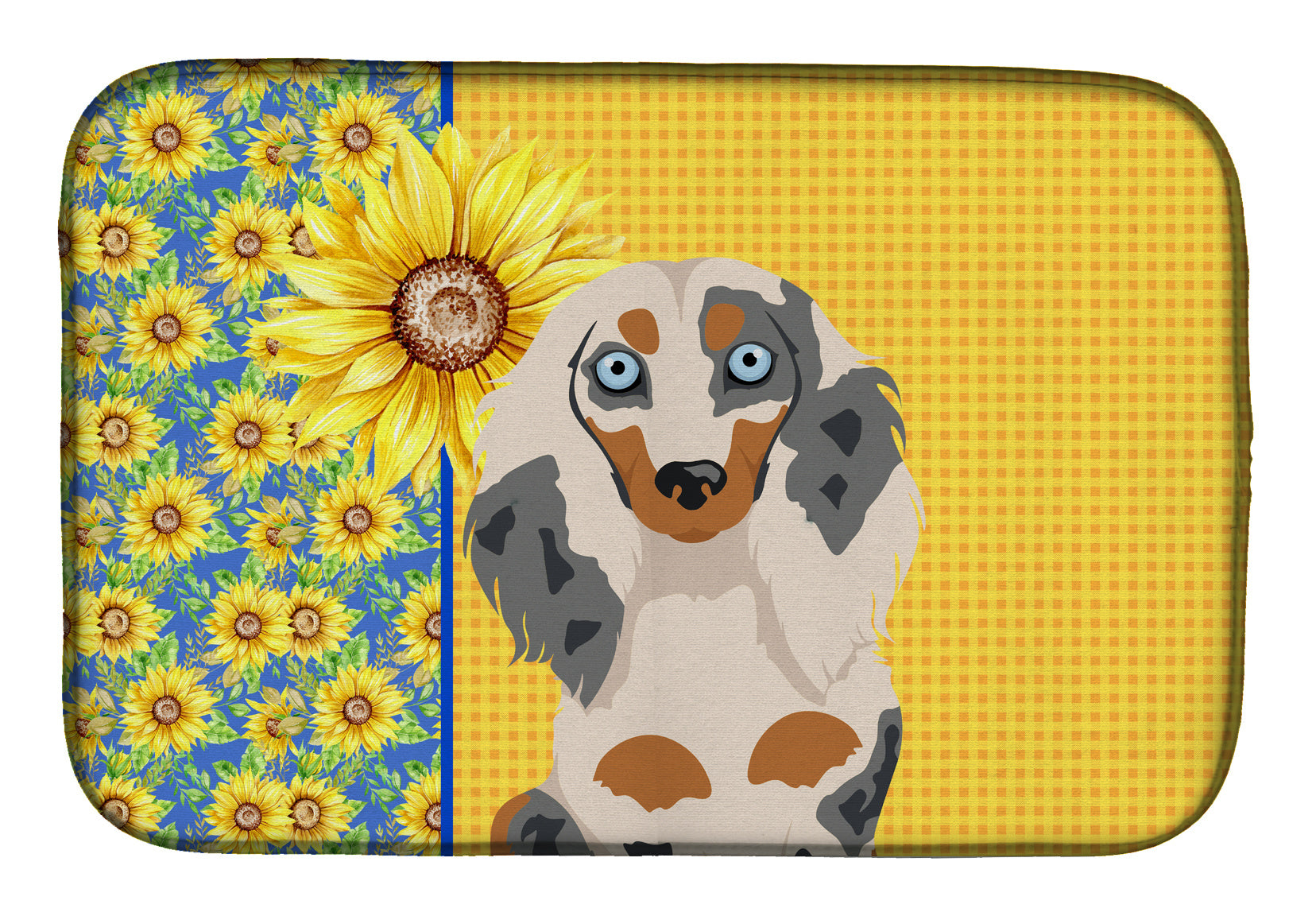 Summer Sunflowers Longhair Cream Dapple Dachshund Dish Drying Mat Absorbent Dish Drying Mat Pad for Kitchen Counter Dish Drainer Mat for Countertop, 14 x 21", Multicolor