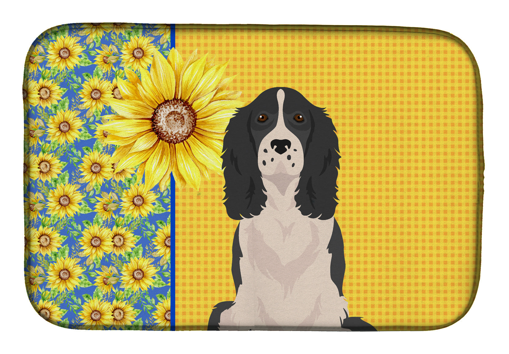 Summer Sunflowers Black English Springer Spaniel Dish Drying Mat Absorbent Dish Drying Mat Pad for Kitchen Counter Dish Drainer Mat for Countertop, 14 x 21", Multicolor