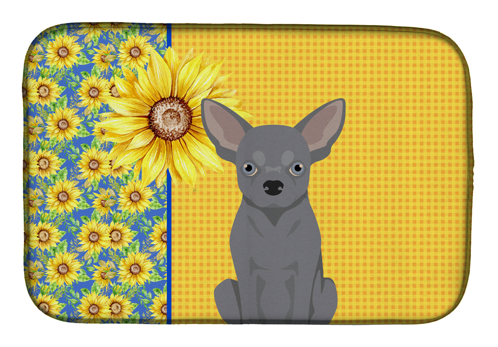 Summer Sunflowers Blue Chihuahua Dish Drying Mat Absorbent Dish Drying Mat Pad for Kitchen Counter Dish Drainer Mat for Countertop, 14 x 21", Multicolor