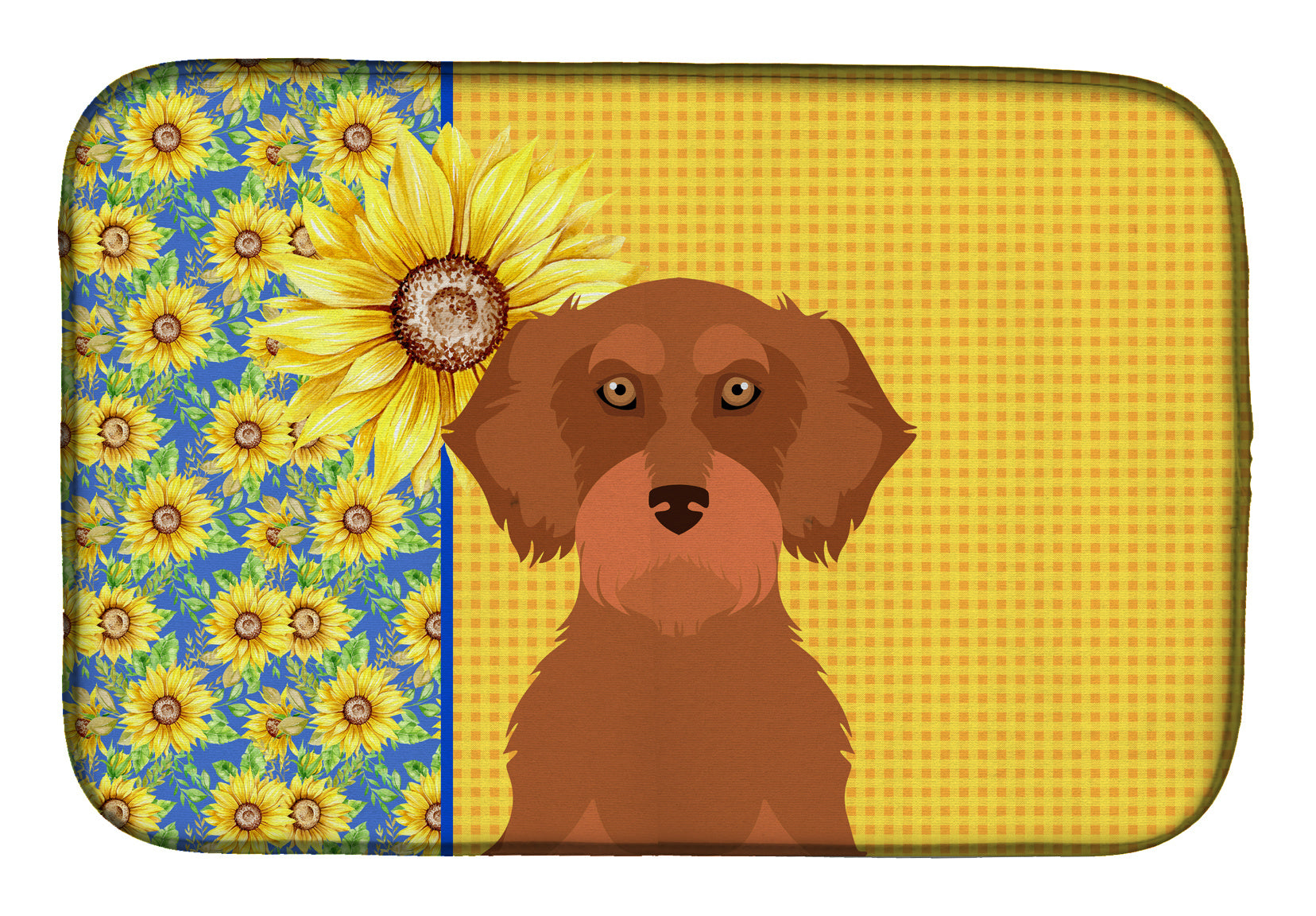 Summer Sunflowers Wirehair Red Dachshund Dish Drying Mat Absorbent Dish Drying Mat Pad for Kitchen Counter Dish Drainer Mat for Countertop, 14 x 21", Multicolor