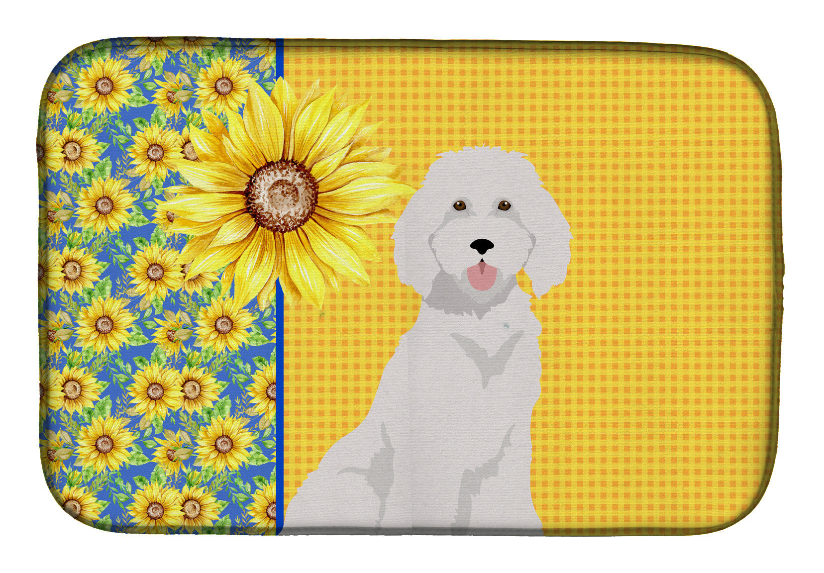 Summer Sunflowers Standard White Poodle Dish Drying Mat Absorbent Dish Drying Mat Pad for Kitchen Counter Dish Drainer Mat for Countertop, 14 x 21", Multicolor