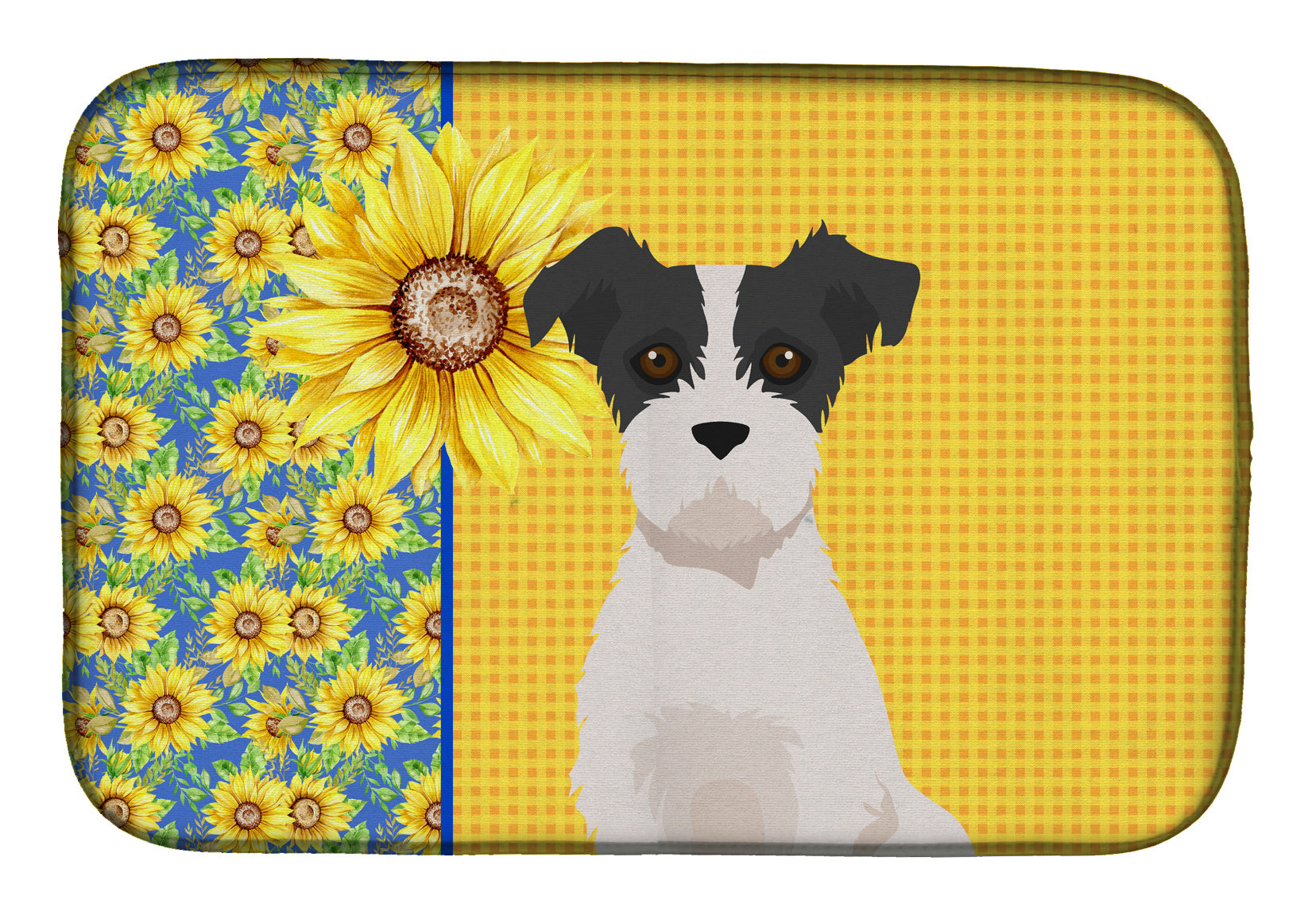 Summer Sunflowers Black White Wirehair Jack Russell Terrier Dish Drying Mat Absorbent Dish Drying Mat Pad for Kitchen Counter Dish Drainer Mat for Countertop, 14 x 21", Multicolor