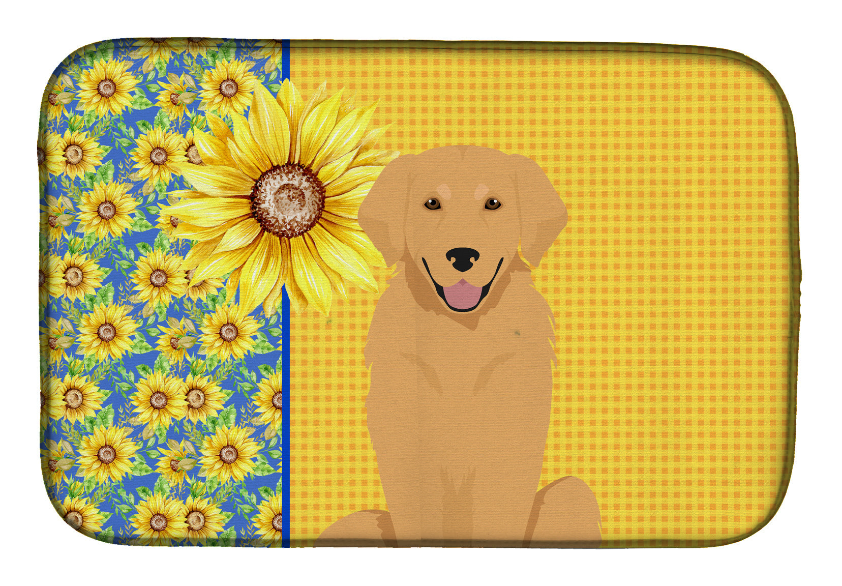 Summer Sunflowers Gold Golden Retriever Dish Drying Mat Absorbent Dish Drying Mat Pad for Kitchen Counter Dish Drainer Mat for Countertop, 14 x 21", Multicolor