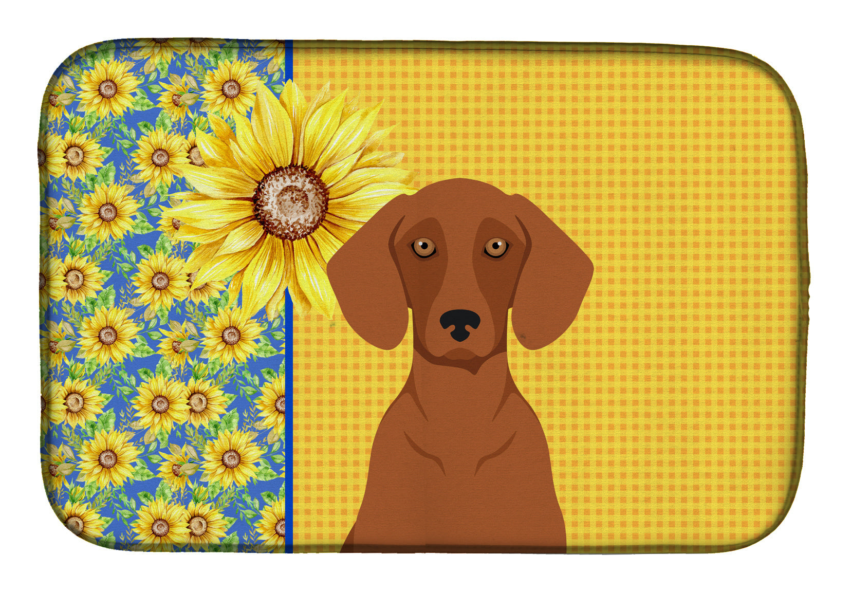 Summer Sunflowers Red Dachshund Dish Drying Mat Absorbent Dish Drying Mat Pad for Kitchen Counter Dish Drainer Mat for Countertop, 14 x 21", Multicolor