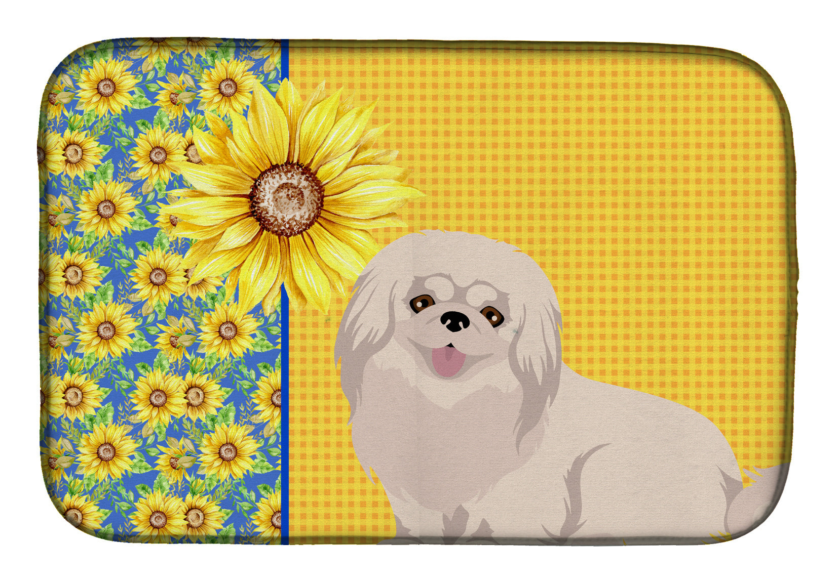 Summer Sunflowers White Pekingese Dish Drying Mat Absorbent Dish Drying Mat Pad for Kitchen Counter Dish Drainer Mat for Countertop, 14 x 21", Multicolor