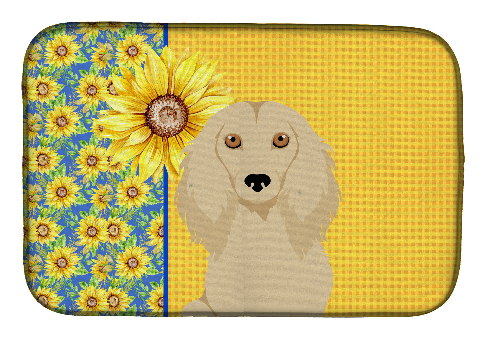 Summer Sunflowers Longhair Cream Dachshund Dish Drying Mat Absorbent Dish Drying Mat Pad for Kitchen Counter Dish Drainer Mat for Countertop, 14 x 21", Multicolor