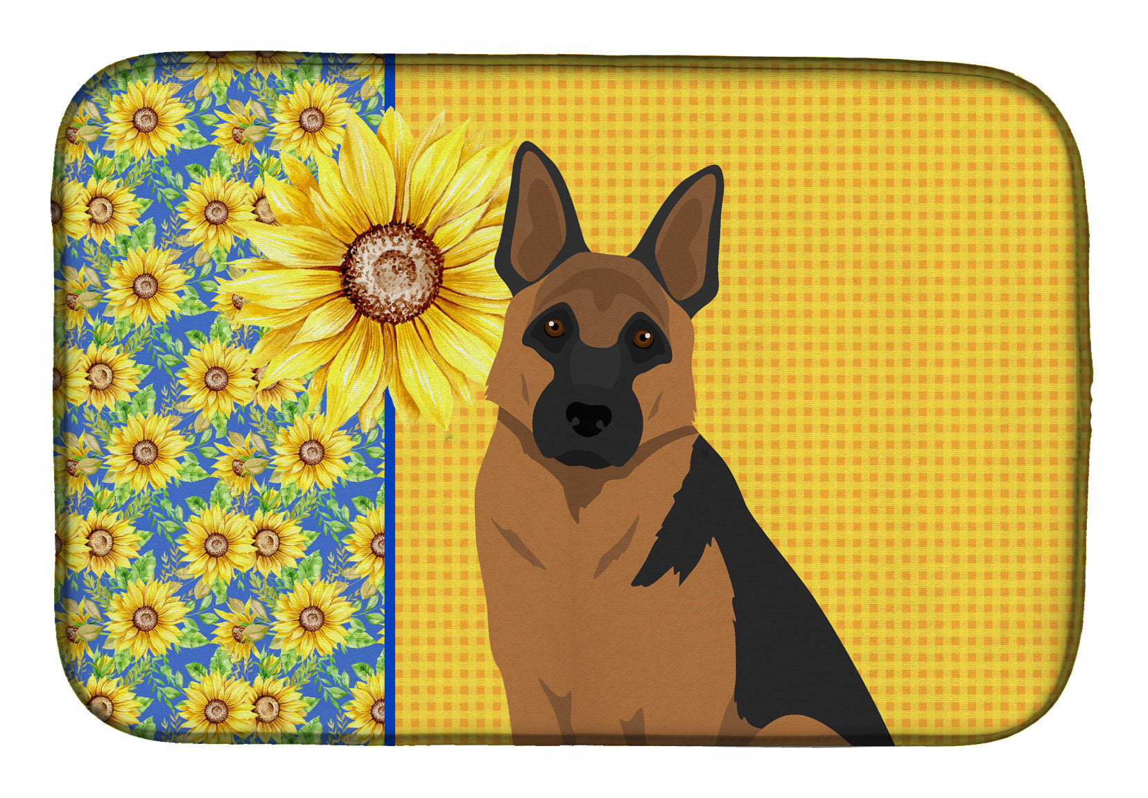 Summer Sunflowers Black and Tan German Shepherd Dish Drying Mat Absorbent Dish Drying Mat Pad for Kitchen Counter Dish Drainer Mat for Countertop, 14 x 21", Multicolor