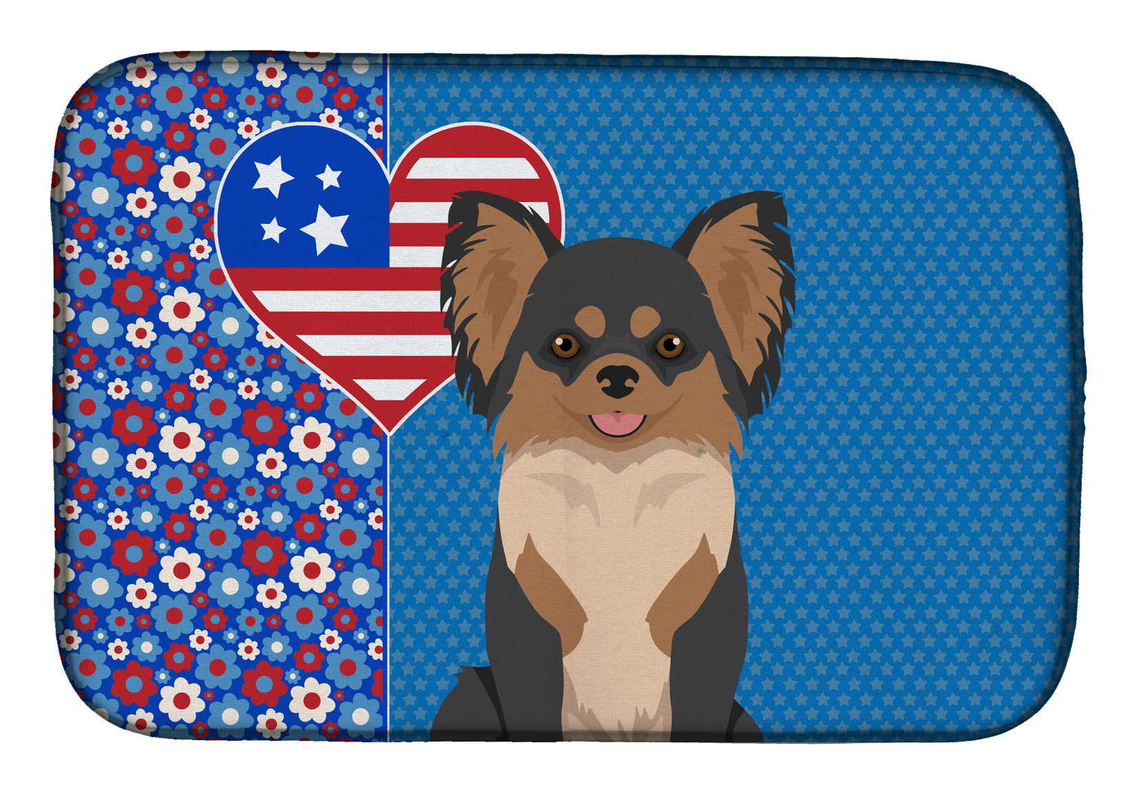 Longhaired Black and Tan Chihuahua USA American Dish Drying Mat Absorbent Dish Drying Mat Pad for Kitchen Counter Dish Drainer Mat for Countertop, 14 x 21", Multicolor