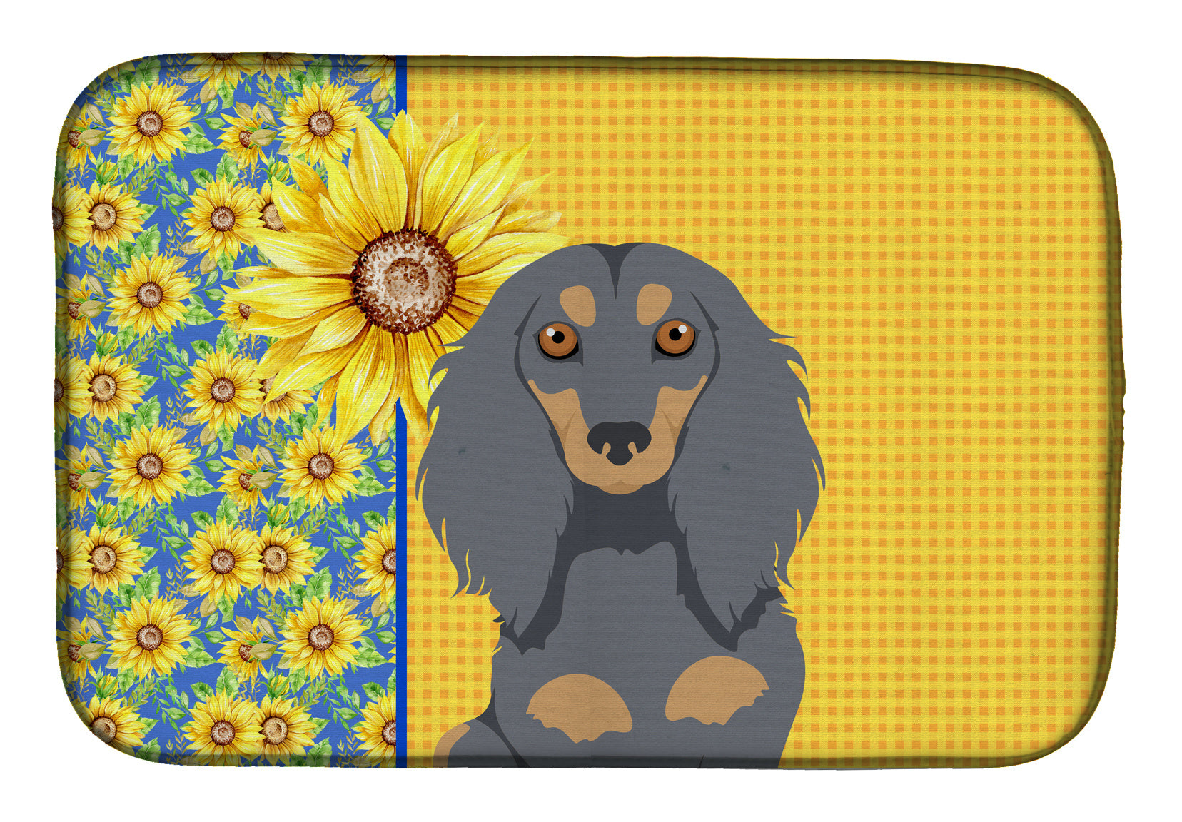 Summer Sunflowers Longhair Blue and Tan Dachshund Dish Drying Mat Absorbent Dish Drying Mat Pad for Kitchen Counter Dish Drainer Mat for Countertop, 14 x 21", Multicolor