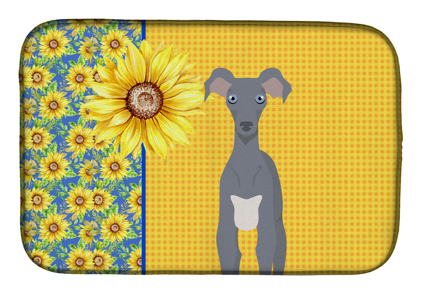 Summer Sunflowers Gray Italian Greyhound Dish Drying Mat Absorbent Dish Drying Mat Pad for Kitchen Counter Dish Drainer Mat for Countertop, 14 x 21", Multicolor