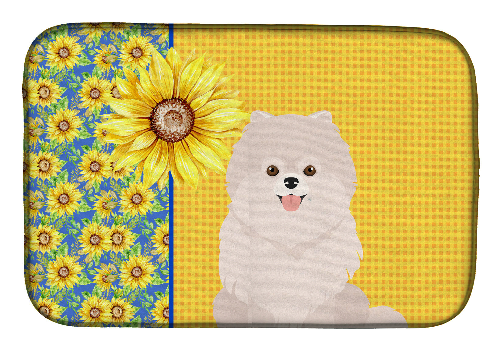 Summer Sunflowers White Pomeranian Dish Drying Mat Absorbent Dish Drying Mat Pad for Kitchen Counter Dish Drainer Mat for Countertop, 14 x 21", Multicolor