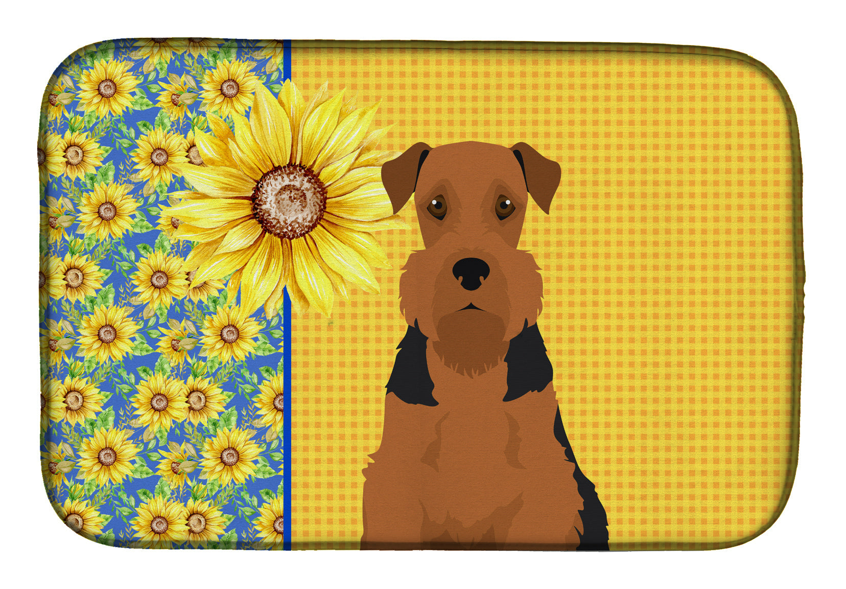 Summer Sunflowers Black and Tan Airedale Terrier Dish Drying Mat Absorbent Dish Drying Mat Pad for Kitchen Counter Dish Drainer Mat for Countertop, 14 x 21", Multicolor