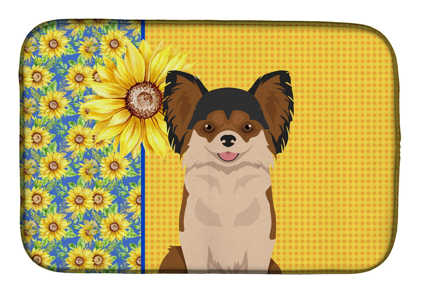 Summer Sunflowers Longhaired Black and Red Chihuahua Dish Drying Mat Absorbent Dish Drying Mat Pad for Kitchen Counter Dish Drainer Mat for Countertop, 14 x 21", Multicolor