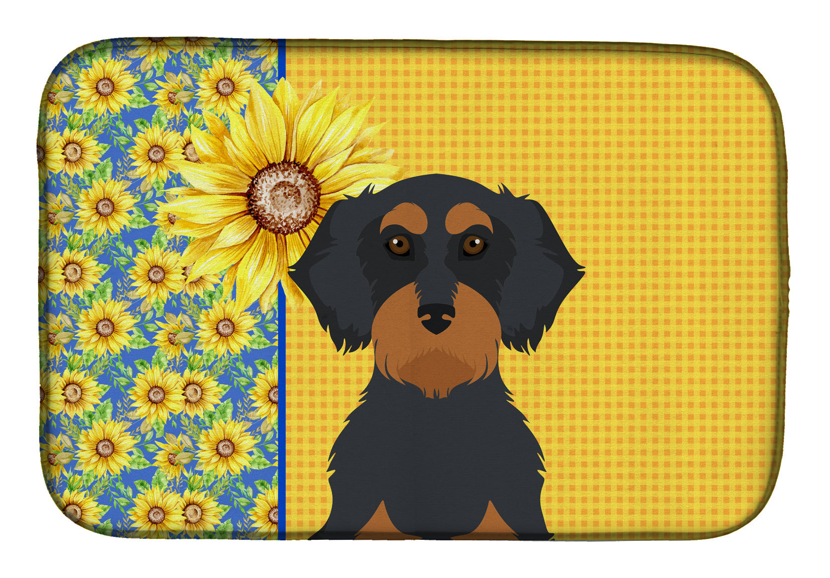 Summer Sunflowers Wirehair Black and Tan Dachshund Dish Drying Mat Absorbent Dish Drying Mat Pad for Kitchen Counter Dish Drainer Mat for Countertop, 14 x 21", Multicolor