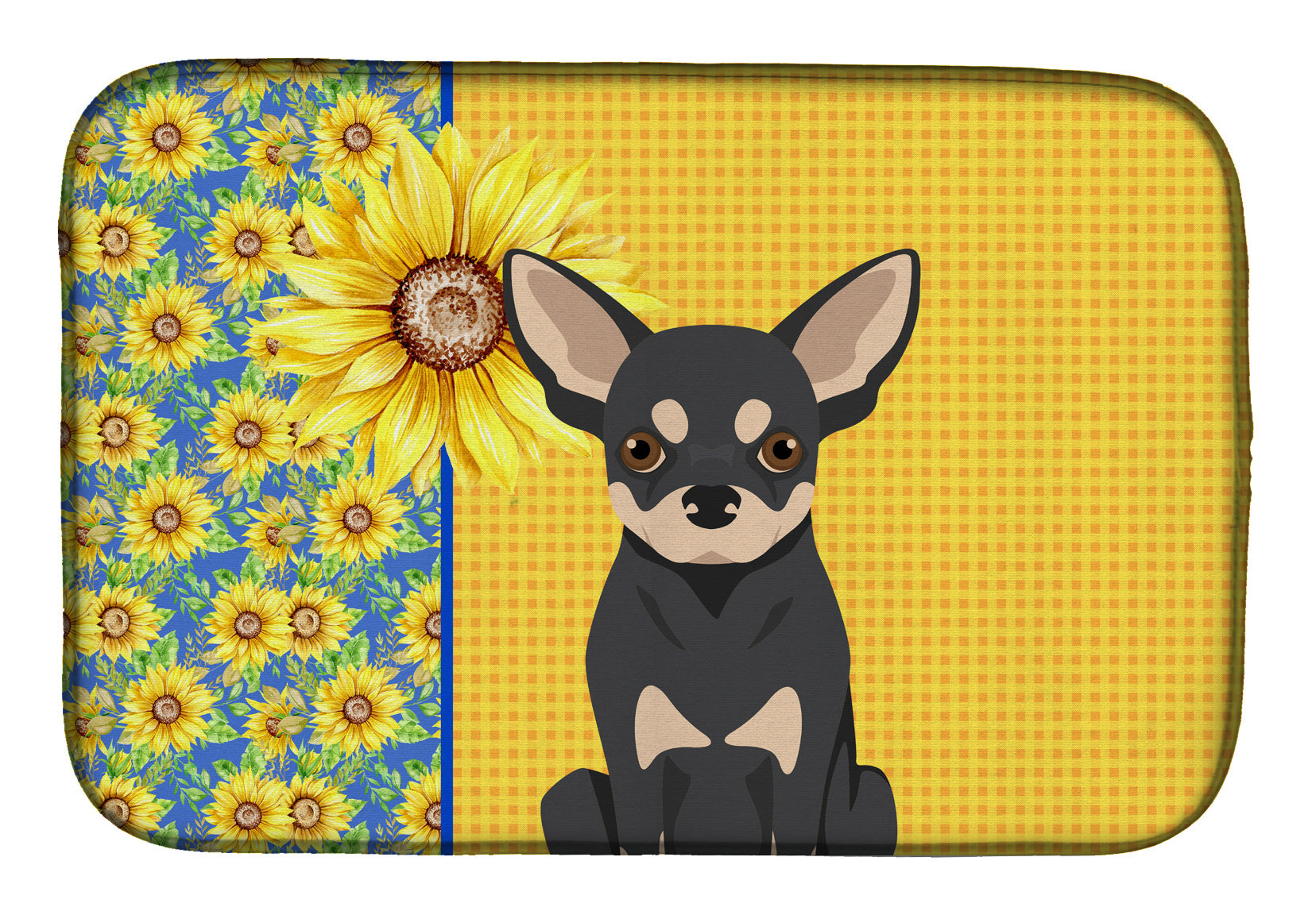 Summer Sunflowers Black and Cream Chihuahua Dish Drying Mat Absorbent Dish Drying Mat Pad for Kitchen Counter Dish Drainer Mat for Countertop, 14 x 21", Multicolor