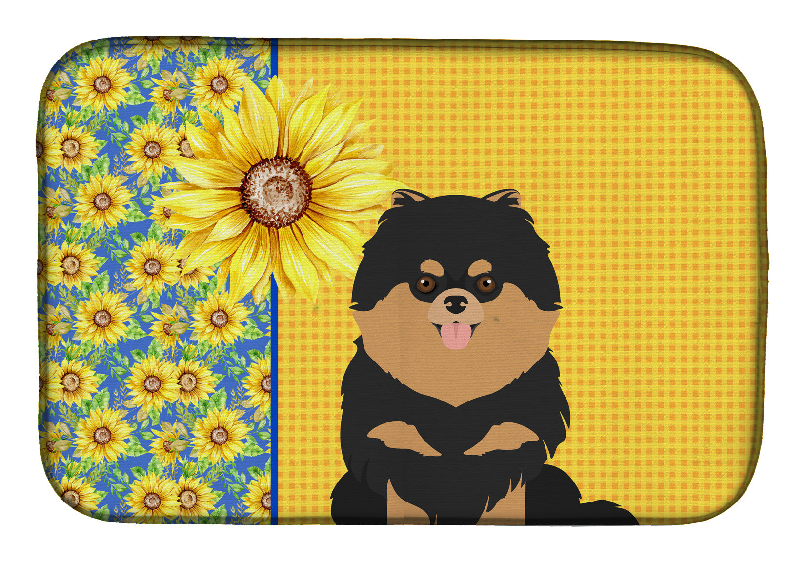 Summer Sunflowers Black and Tan Pomeranian Dish Drying Mat Absorbent Dish Drying Mat Pad for Kitchen Counter Dish Drainer Mat for Countertop, 14 x 21", Multicolor