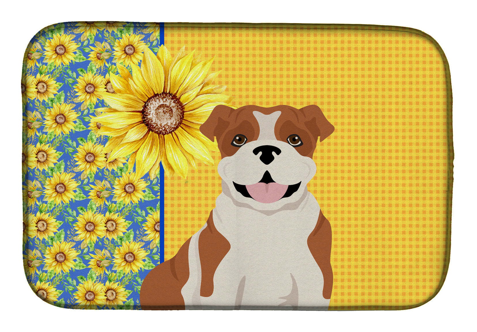 Summer Sunflowers Red English Bulldog Dish Drying Mat Absorbent Dish Drying Mat Pad for Kitchen Counter Dish Drainer Mat for Countertop, 14 x 21", Multicolor