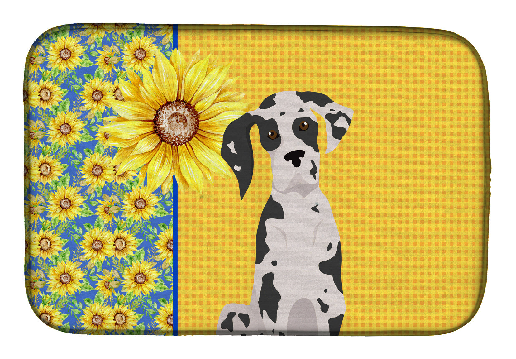 Summer Sunflowers Harlequin Great Dane Dish Drying Mat Absorbent Dish Drying Mat Pad for Kitchen Counter Dish Drainer Mat for Countertop, 14 x 21", Multicolor