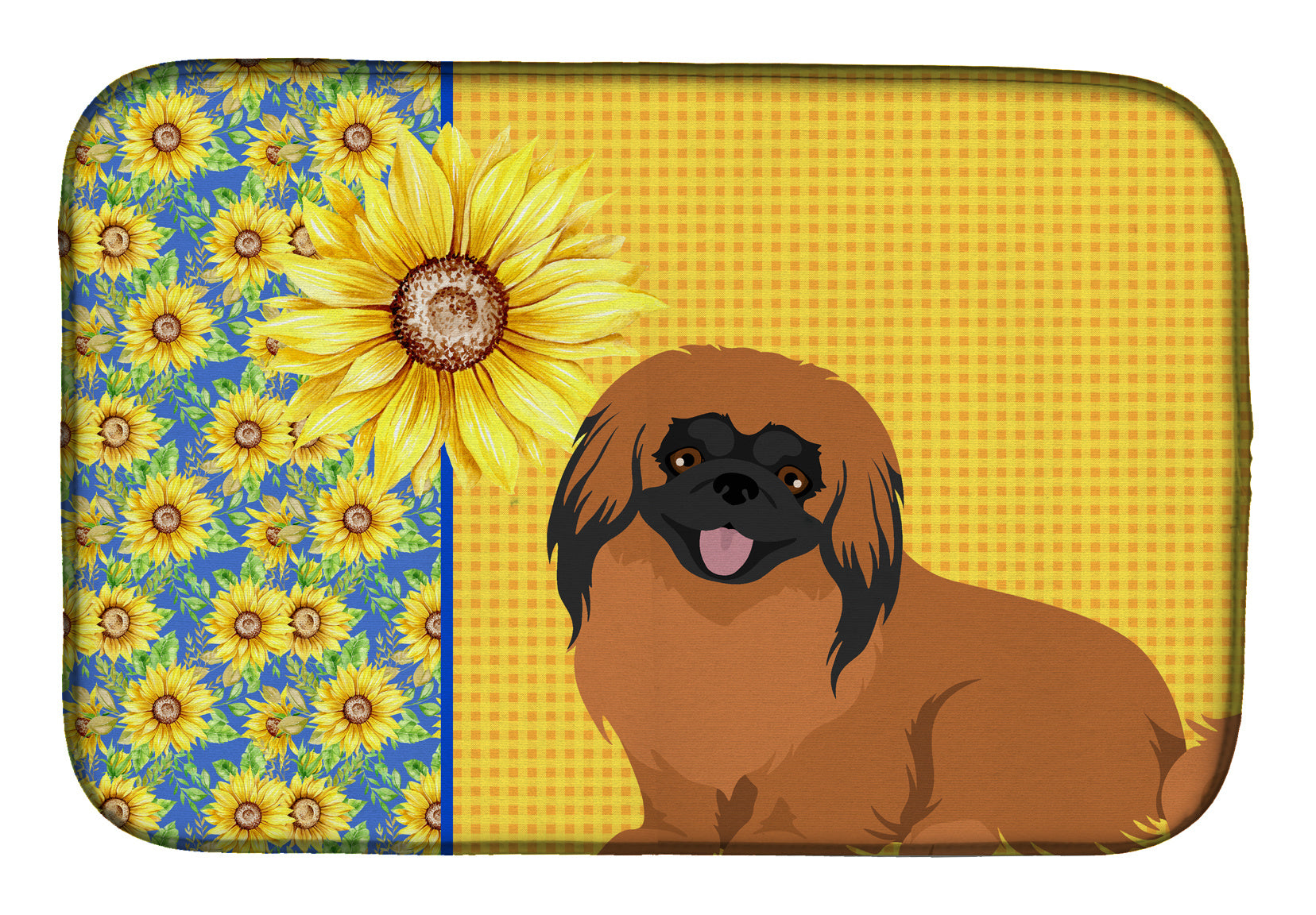 Summer Sunflowers Red Pekingese Dish Drying Mat Absorbent Dish Drying Mat Pad for Kitchen Counter Dish Drainer Mat for Countertop, 14 x 21", Multicolor