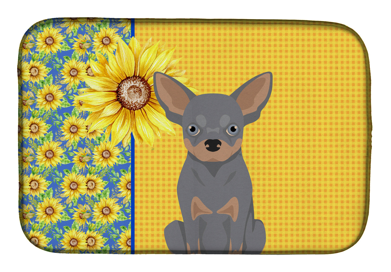 Summer Sunflowers Blue and Tan Chihuahua Dish Drying Mat Absorbent Dish Drying Mat Pad for Kitchen Counter Dish Drainer Mat for Countertop, 14 x 21", Multicolor