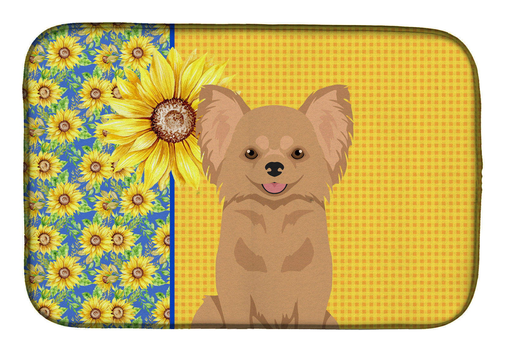 Summer Sunflowers Longhaired Gold Chihuahua Dish Drying Mat Absorbent Dish Drying Mat Pad for Kitchen Counter Dish Drainer Mat for Countertop, 14 x 21", Multicolor