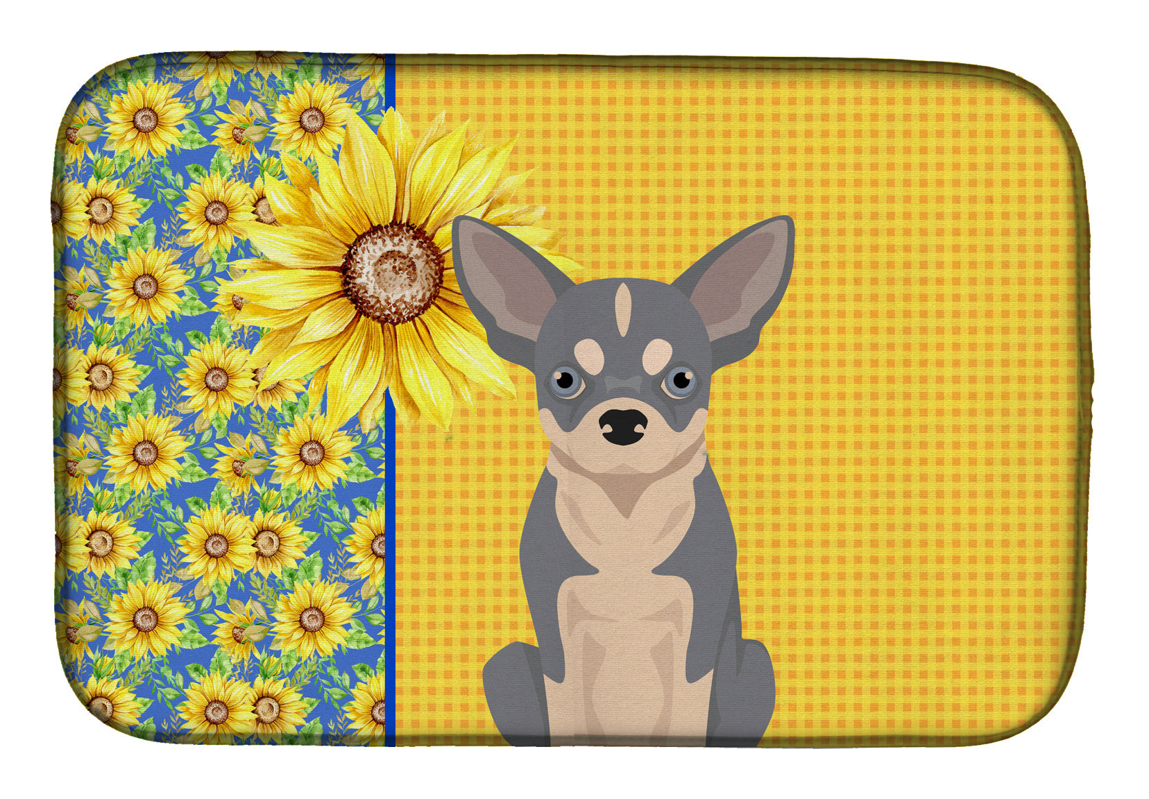 Summer Sunflowers Blue and White Chihuahua Dish Drying Mat Absorbent Dish Drying Mat Pad for Kitchen Counter Dish Drainer Mat for Countertop, 14 x 21", Multicolor