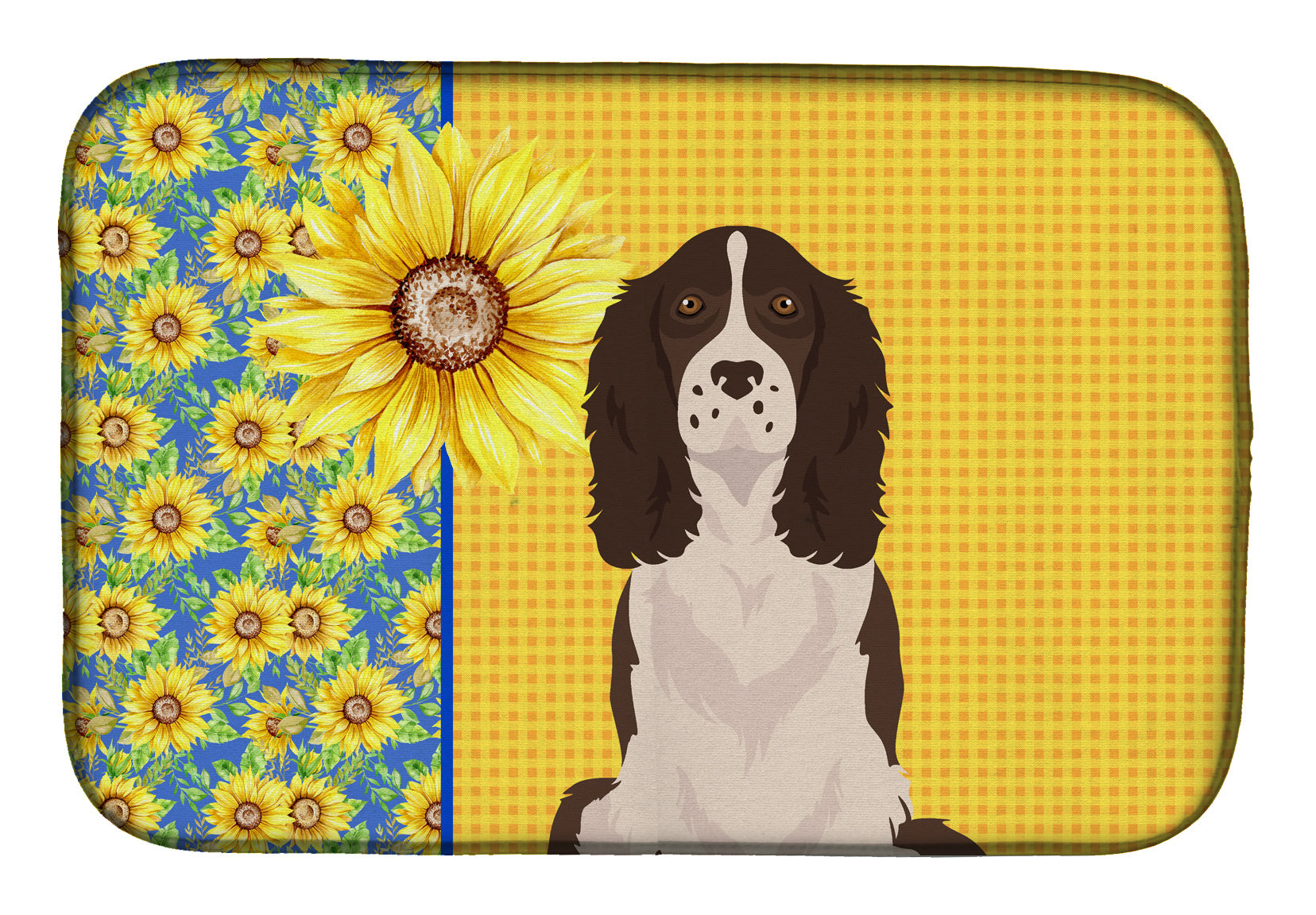 Summer Sunflowers Liver English Springer Spaniel Dish Drying Mat Absorbent Dish Drying Mat Pad for Kitchen Counter Dish Drainer Mat for Countertop, 14 x 21", Multicolor