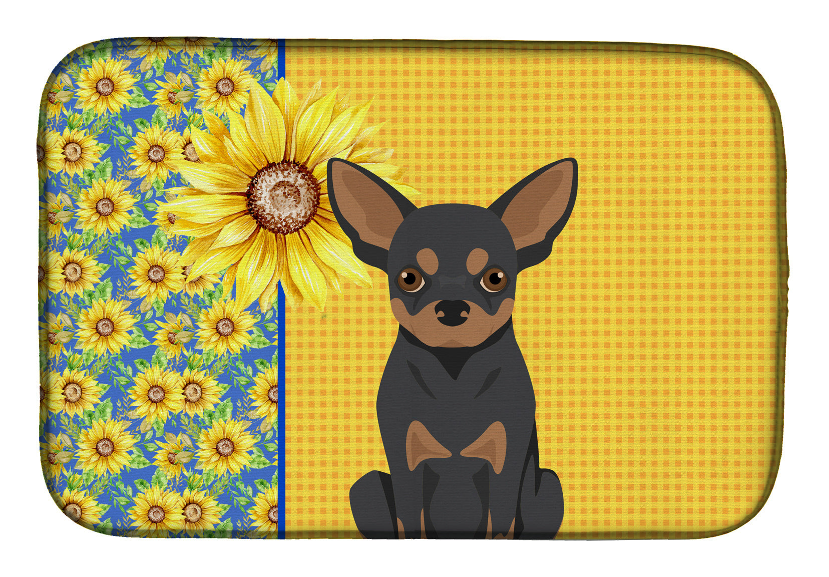 Summer Sunflowers Black and Tan Chihuahua Dish Drying Mat Absorbent Dish Drying Mat Pad for Kitchen Counter Dish Drainer Mat for Countertop, 14 x 21", Multicolor